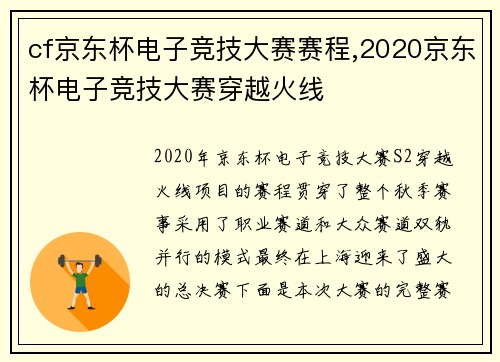 cf京东杯电子竞技大赛赛程,2020京东杯电子竞技大赛穿越火线